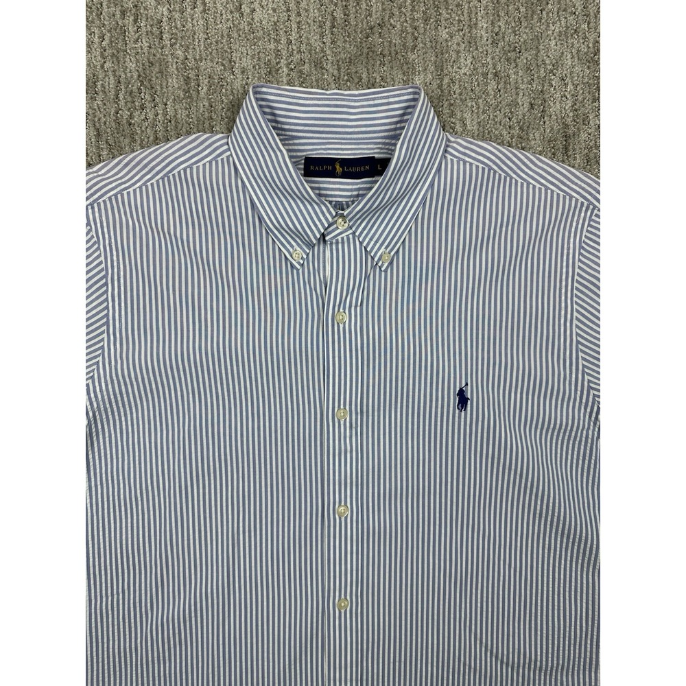 Ralph Lauren Mens Seersucker Short Sleeve Button Down Purple White Stripe Large